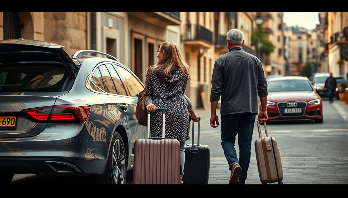 Familia recogiendo coche de alquiler con equipaje para iniciar viaje