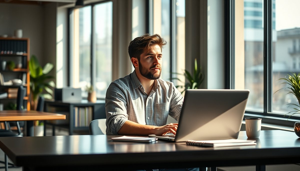 Fundador de startup revisando cálculos salariales en oficina moderna