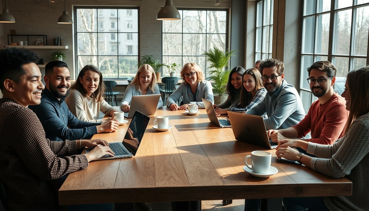 Grupo diverso de emprendedores e inversores colaborando en espacio de coworking moderno