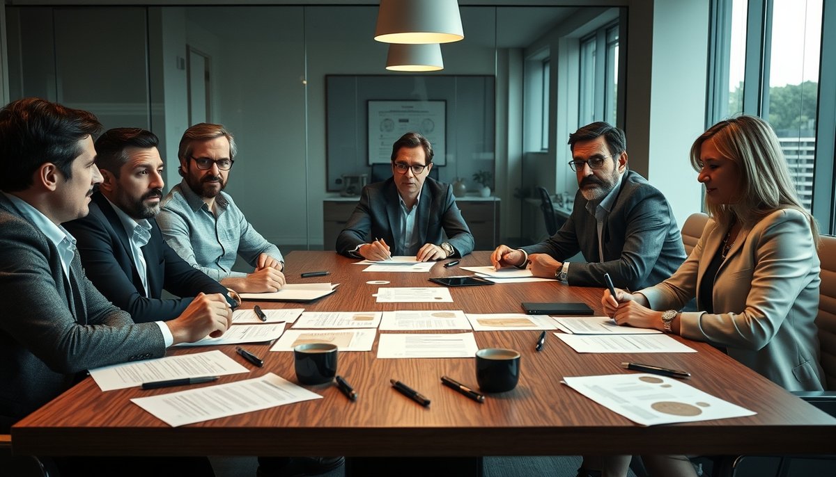Reunión empresarial para expansión con planes financieros y gráficos sobre mesa de conferencias