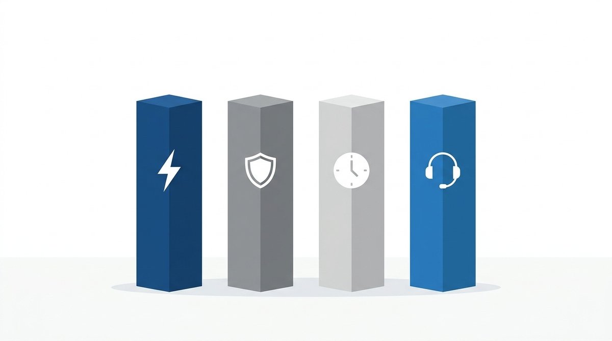 Representación visual de los cuatro pilares fundamentales del hosting web - velocidad, uptime, seguridad y soporte técnico Cuatro pilares técnicos del hosting: velocidad, seguridad, uptime y soporte