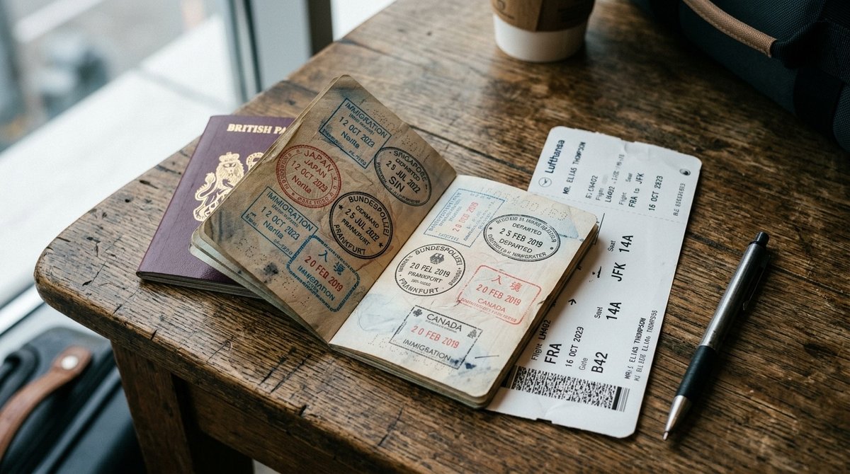 Pasaporte abierto mostrando visa cubana y documentos de viaje sobre escritorio, ilustrando requisitos para viajar a Estados Unidos Pasaporte con sello de visa cubana entre otros sellos de inmigración internacional