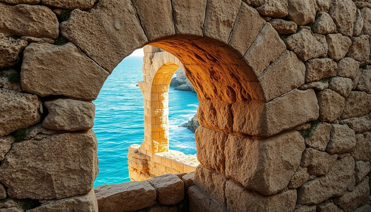 Puerta de San Gabriel en murallas de Tabarca con vista al mar Mediterráneo