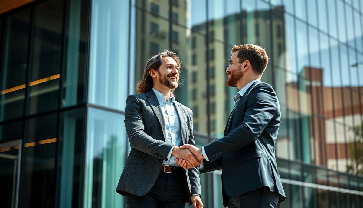 Cierre de transacción M&A: handshake entre emprendedor y compañía adquiriente completando fusión empresarial Apretón de manos entre fundador de startup y ejecutivo corporativo tras fusión M&A exitosa