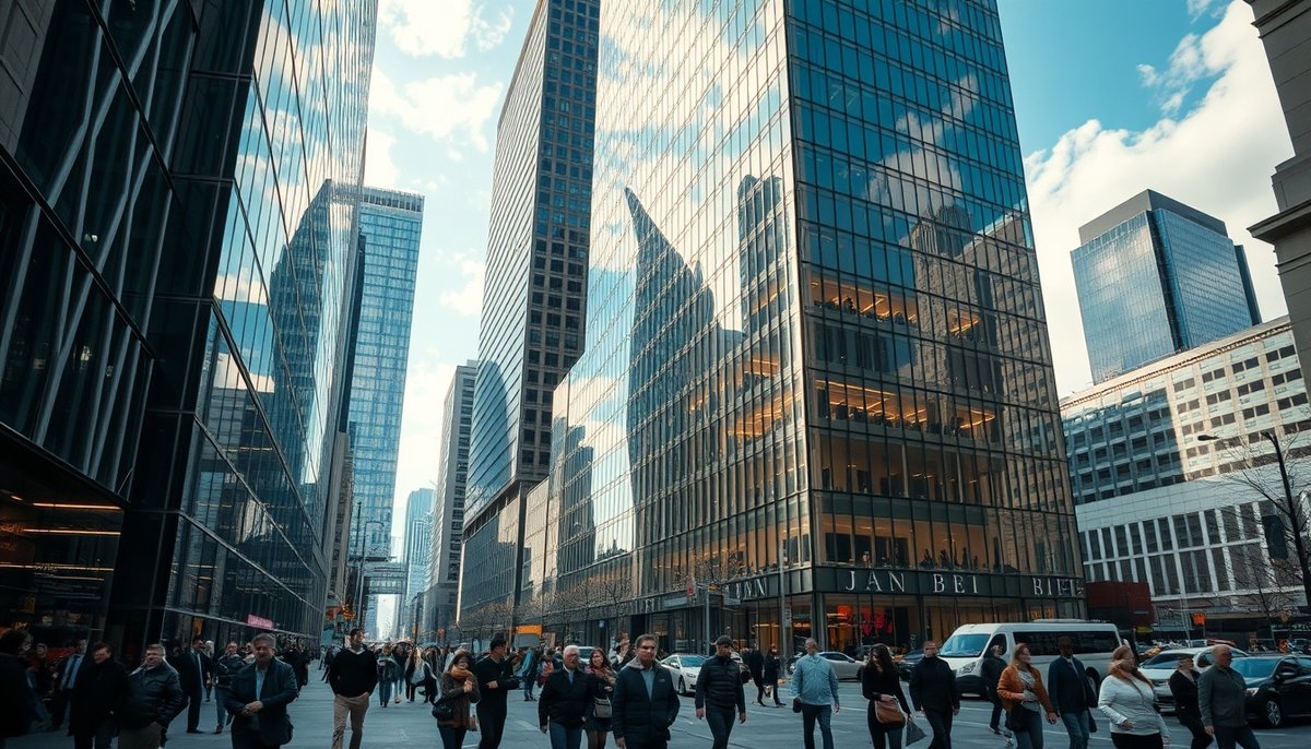 Bustling commercial district representing market size and business growth opportunities for startups Business district with modern offices showing market opportunity and growth potential