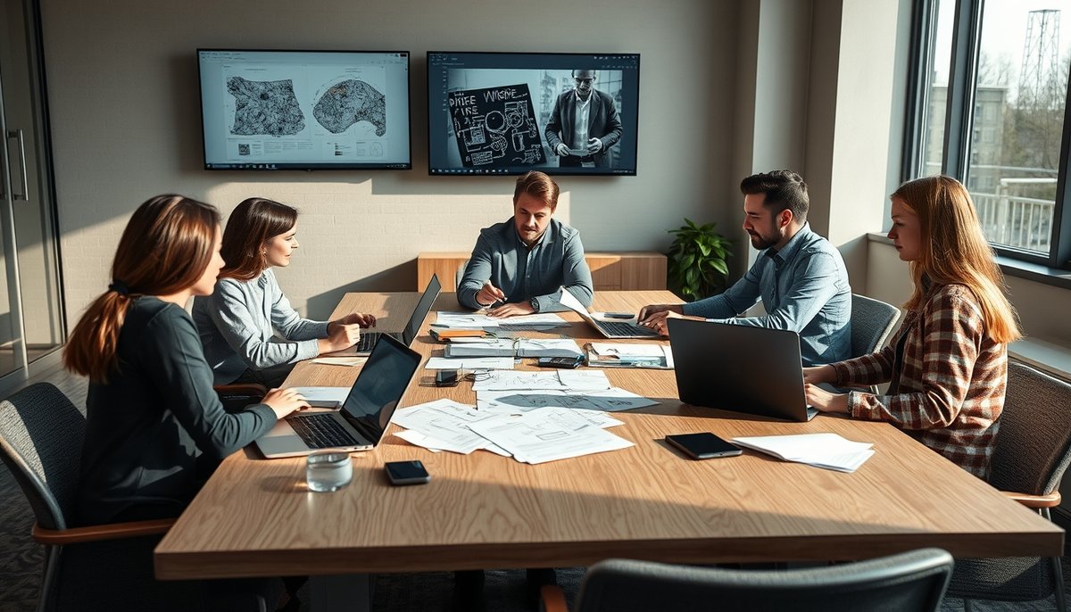 Equipo colaborativo usando Figma AI en pantallas grandes para optimizar workflow