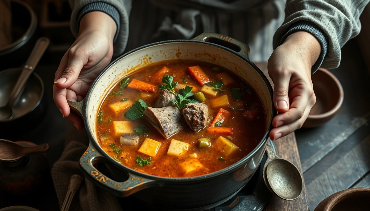 Caldereta de cordero extremeña cocinándose en cazuela tradicional con fuego
