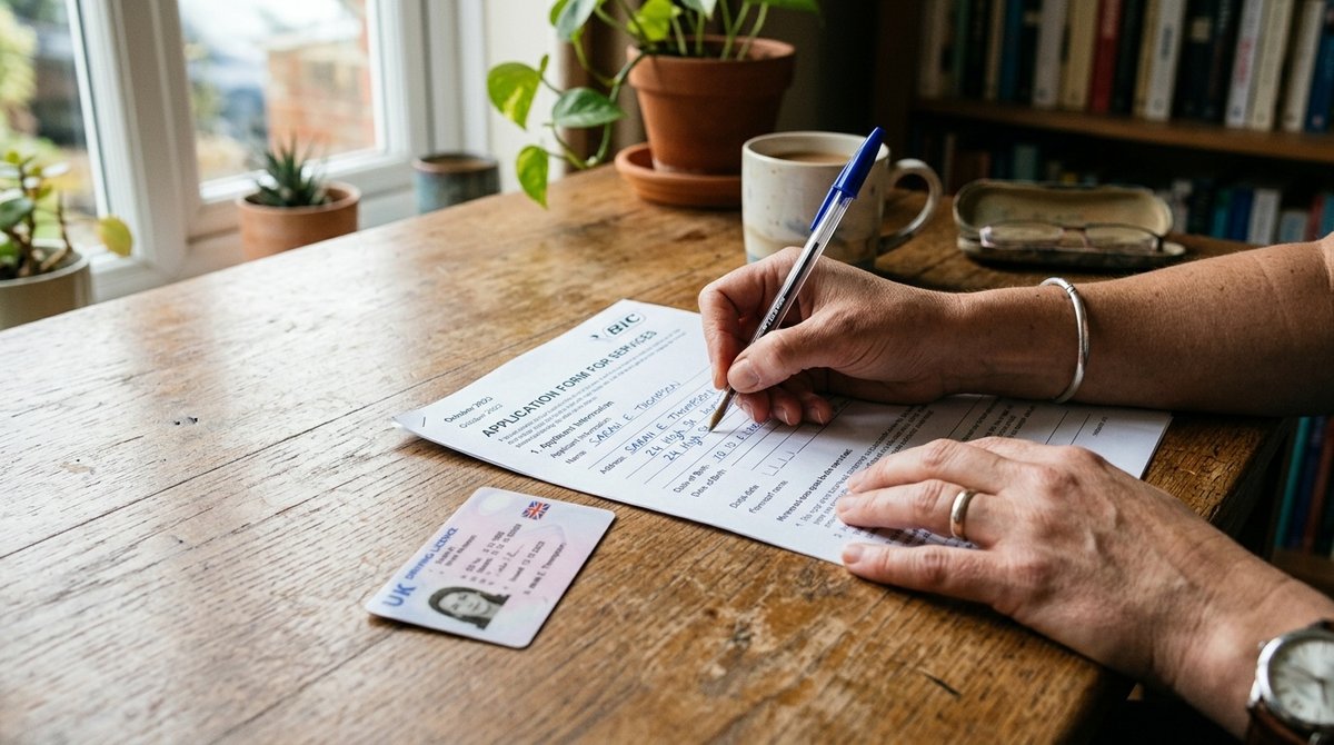 Rellenado de datos personales en Formulario 790 con tarjeta DNI y NIE como documentos de referencia Persona cumplimentando Formulario 790 con DNI y NIE sobre escritorio de madera