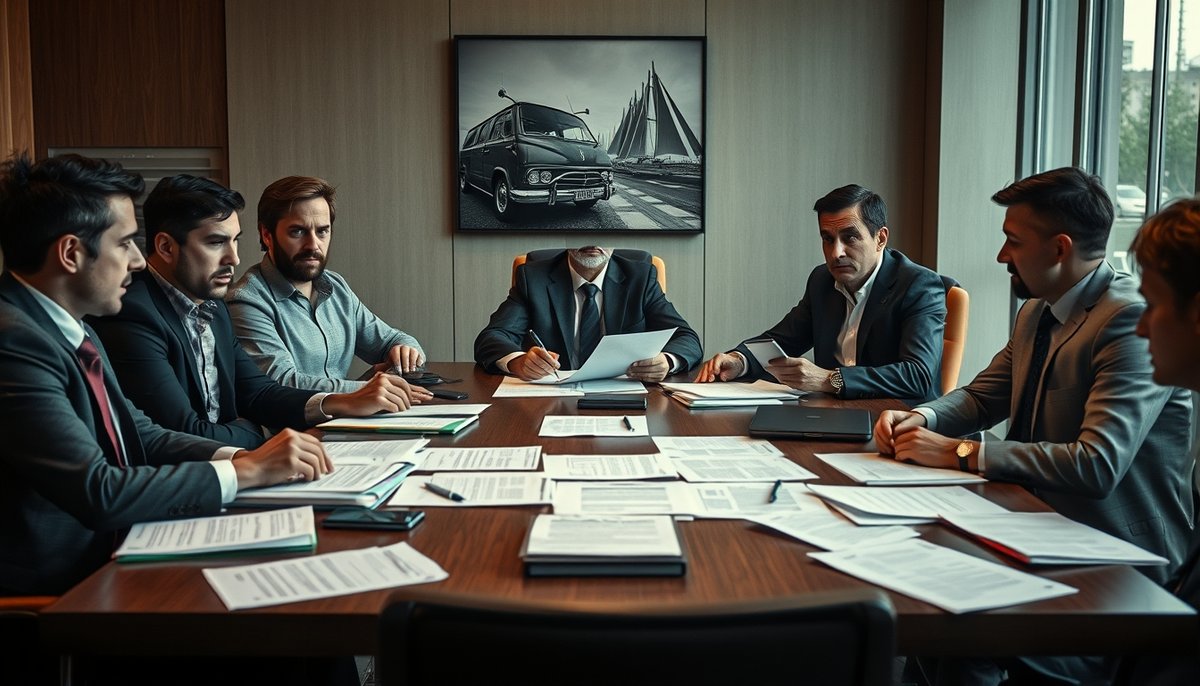 Reunión tensa fundadores startup revisando documentos legales complejos CVC con abogados