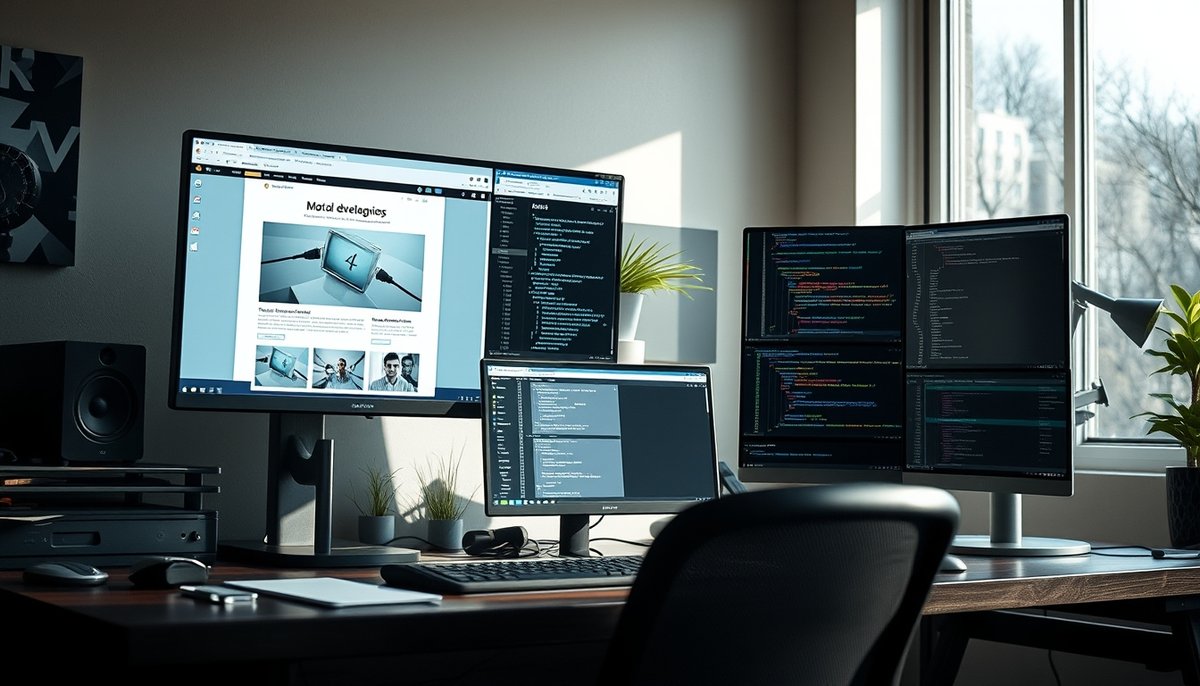 Espacio de trabajo de desarrollador mostrando tema WordPress limpio con código CSS optimizado y herramientas de análisis de velocidad Workspace desarrollador con template minimalista y métricas rendimiento