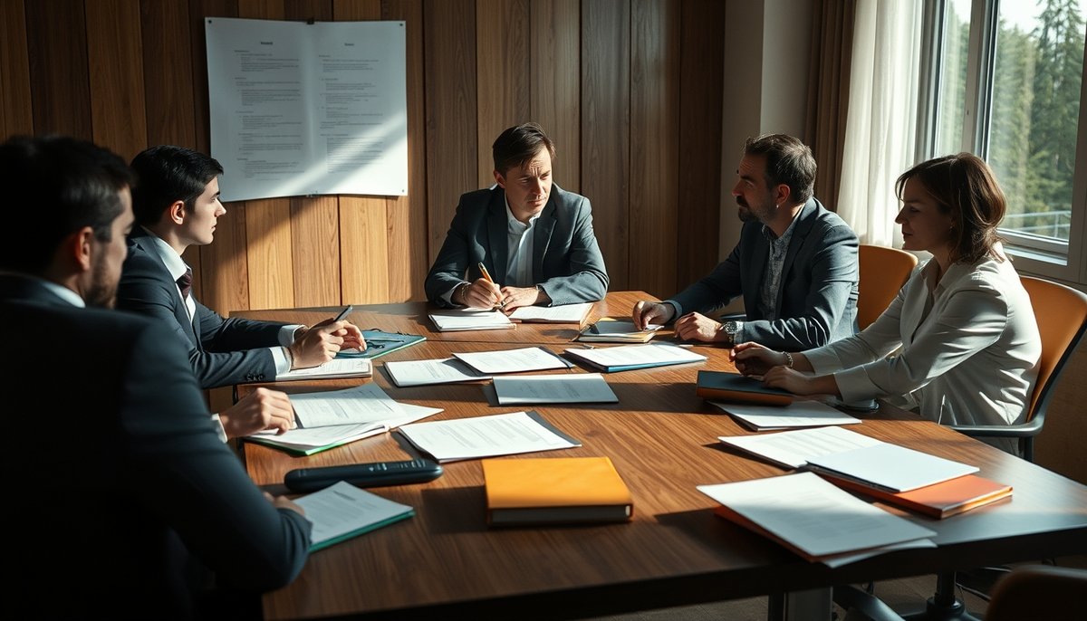 Reunión empresarial discutiendo métricas TAM SAM SOM con pirámide en presentación