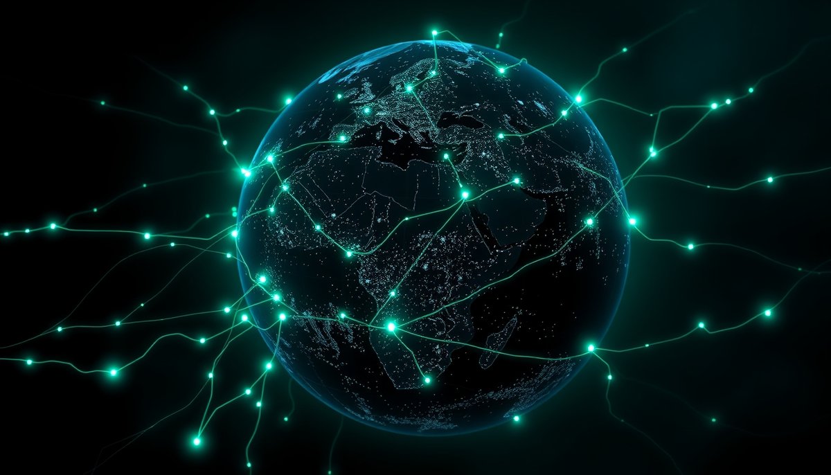 Mapa global Bitcoin con 24,400 nodos conectados por highways digitales