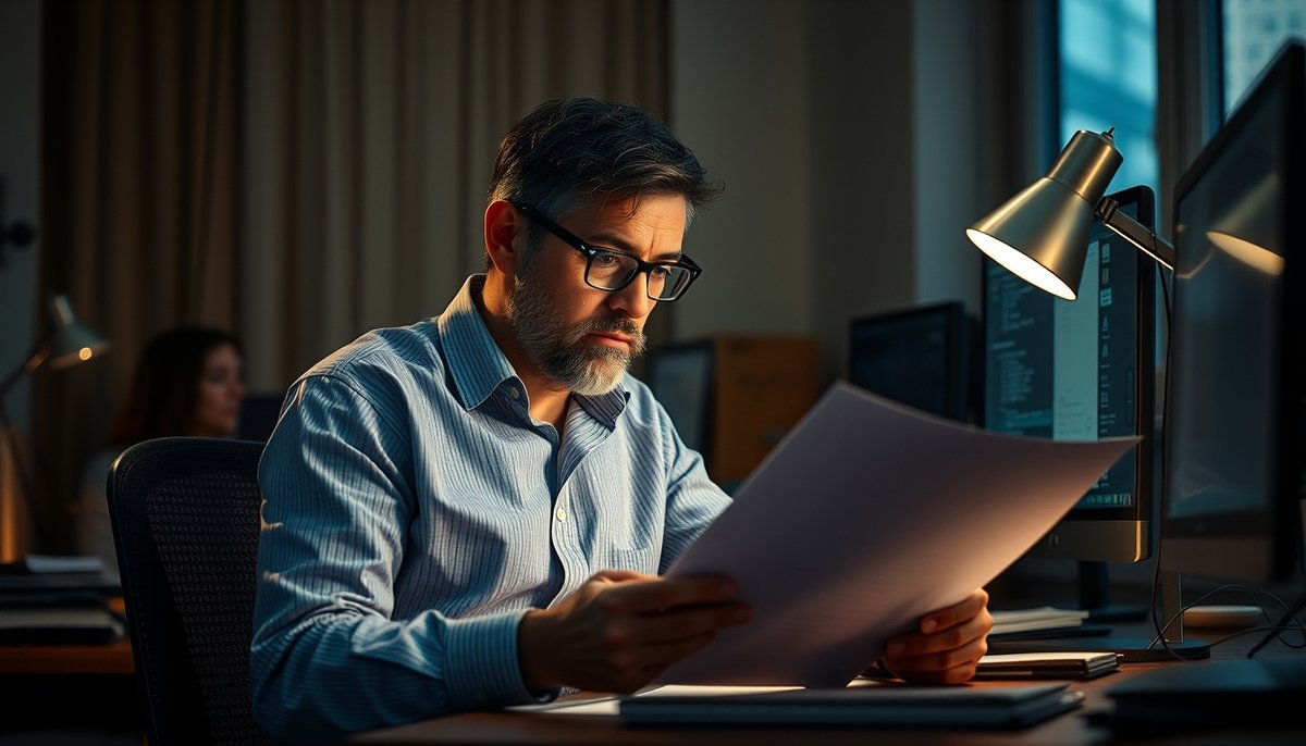 Entrepreneur reviewing realistic financial projections and market data at evening