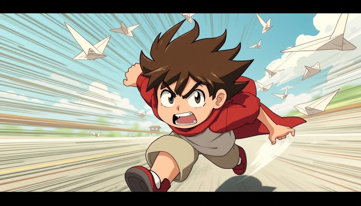 Personaje anime corriendo contra el tiempo con páginas web flotando como aviones