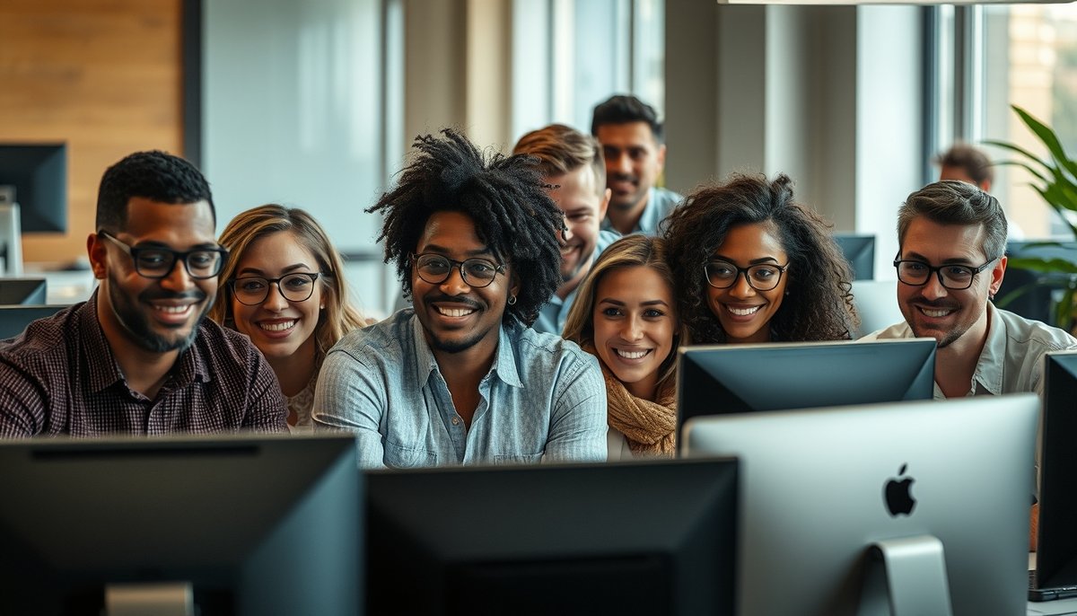 Equipo diverso trabajando con interfaces de análisis de datos de diferentes niveles