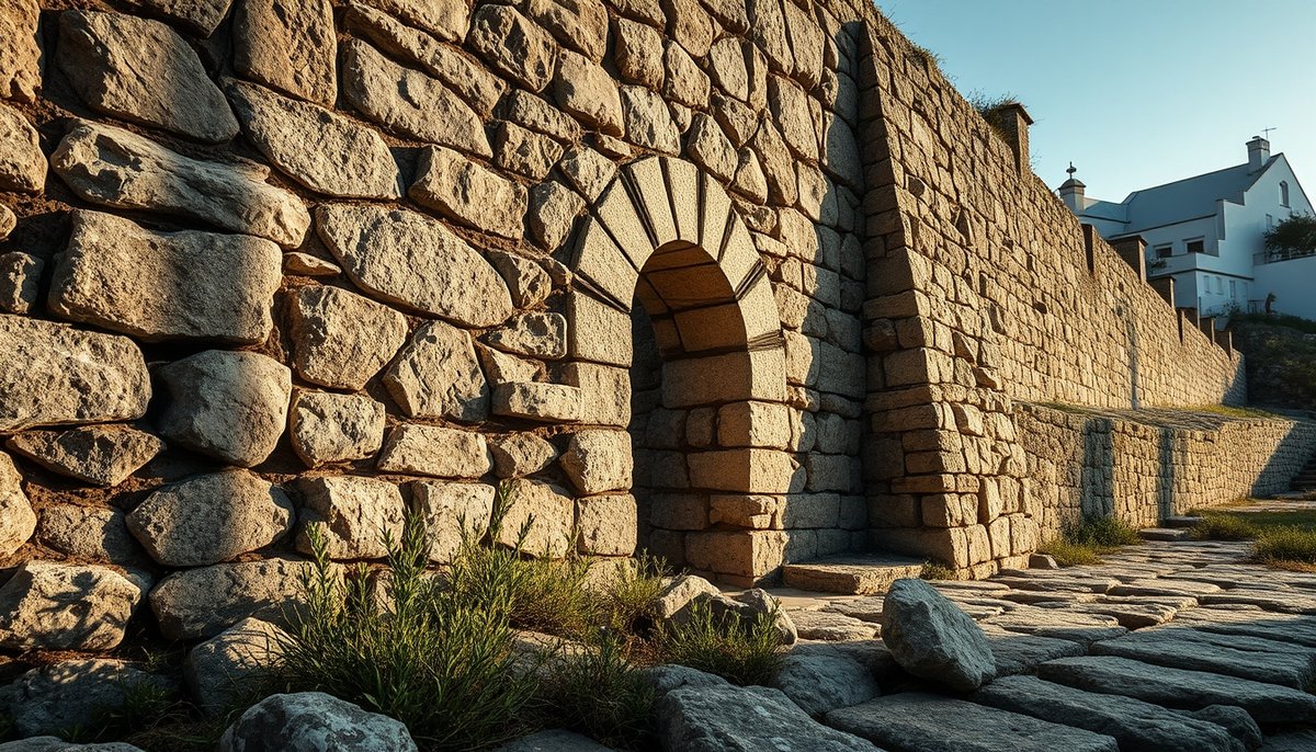 Muralla histórica de Tabarca del siglo XVIII con puerta de piedra y textura desgastada