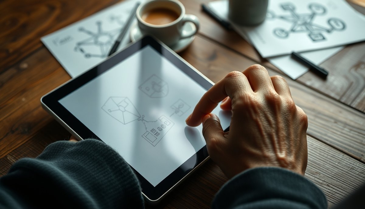 Usuario diseñando logo en interfaz de Canva mostrando plantillas y herramientas de arrastrar y soltar Manos usando Canva en tablet para crear logos con templates y elementos de diseño