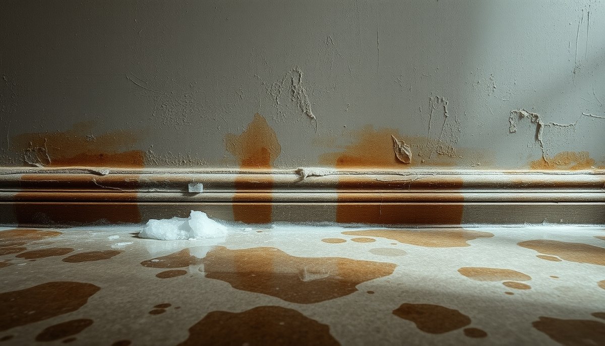 Humedad por capilaridad en base de pared con sales y pintura desprendida