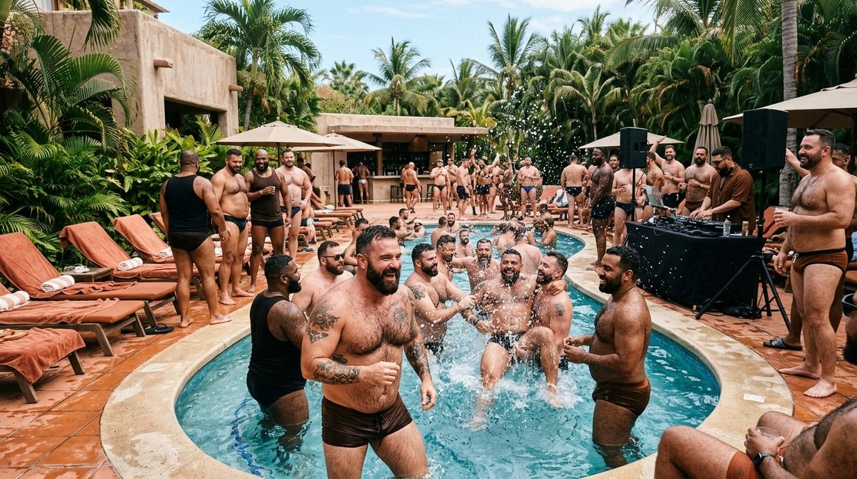 Multitudinaria fiesta en piscina durante Bear festival internacional con música y celebración diversa Pool party Bear festival en resort con DJ y ambiente festivo