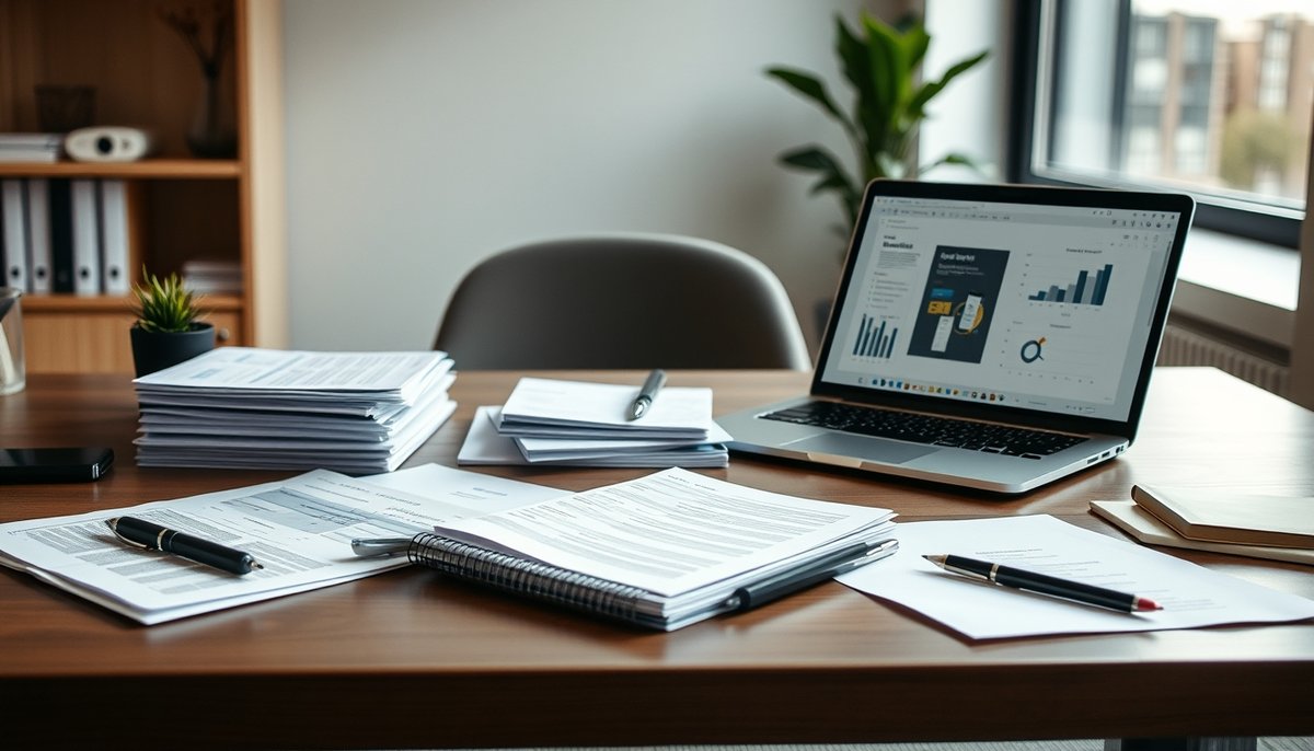 Dossier de inversión organizado con documentos financieros y presentación en laptop