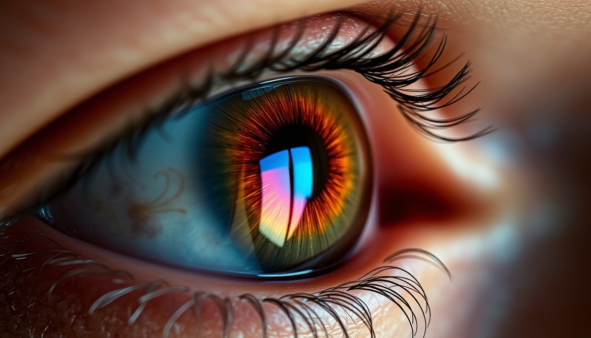 Respuesta fisiológica del ojo a la percepción de colores cálidos y fríos mostrando dilatación pupilar Primer plano de ojo humano reflejando diferentes colores en el iris