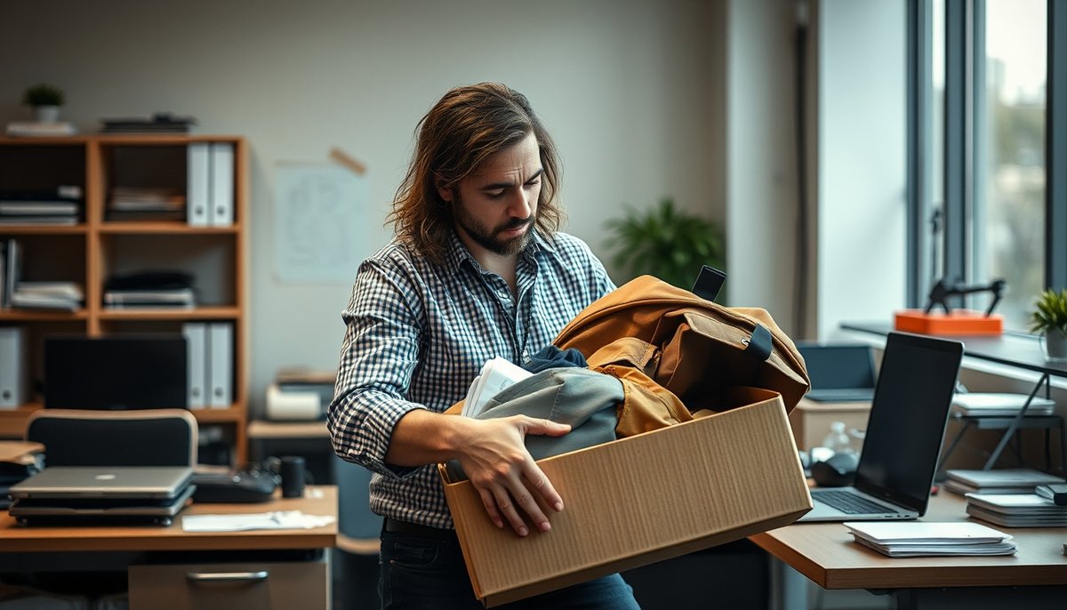 Fundador startup abandonando empresa empaquetando oficina moderna decisión emprendedor