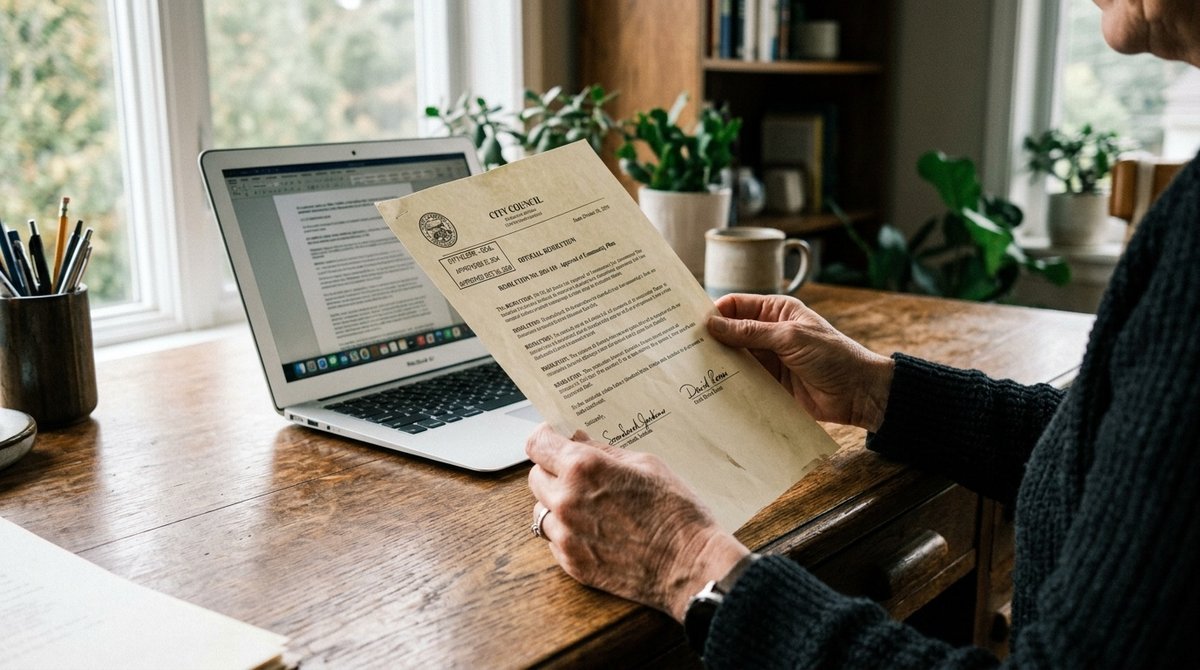 Documento oficial de resolución favorable con sellos y firmas en escritorio - Trámite administrativo completado Manos sosteniendo resolución administrativa favorable con sellos oficiales