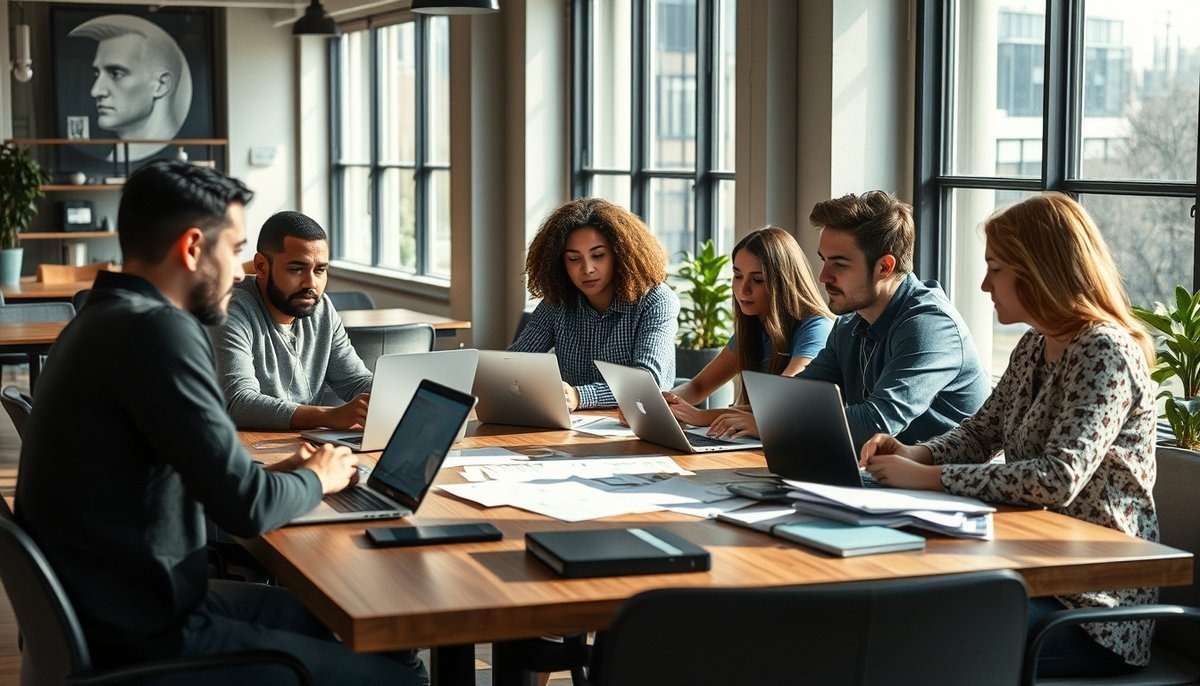 Jóvenes emprendedores trabajando en coworking moderno con documentos legales startup España