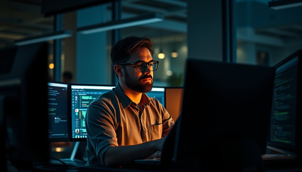 Fundador de startup trabajando con dashboards de ingresos y proyecciones financieras nocturnas