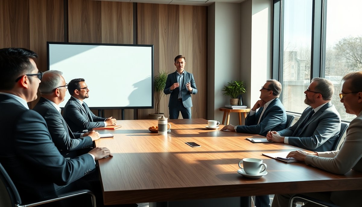 Emprendedor presentando pitch a inversores en sala de juntas moderna