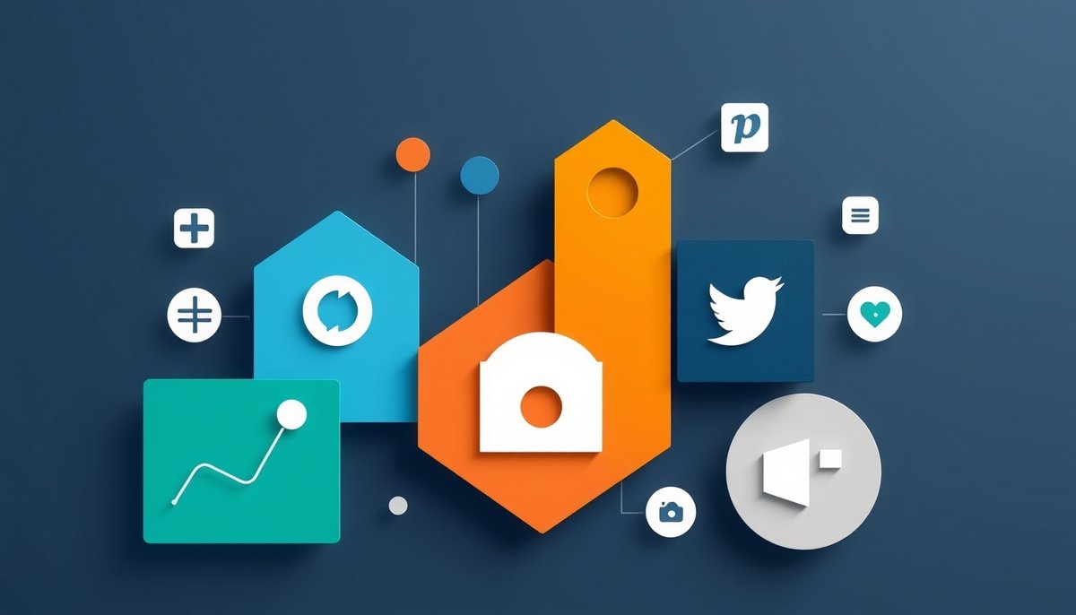 Suite completa de herramientas de marketing digital integradas en Divi 5 incluyendo analytics y testing Herramientas marketing Divi 5: analytics, test A/B y redes sociales en diseño geométrico