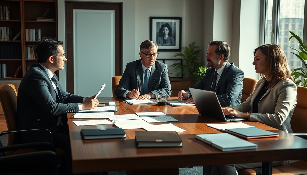 Legal consultation meeting with lawyers and business professionals discussing AI compliance documentation and regulatory frameworks Legal professionals reviewing AI compliance documents and regulation frameworks in business meeting