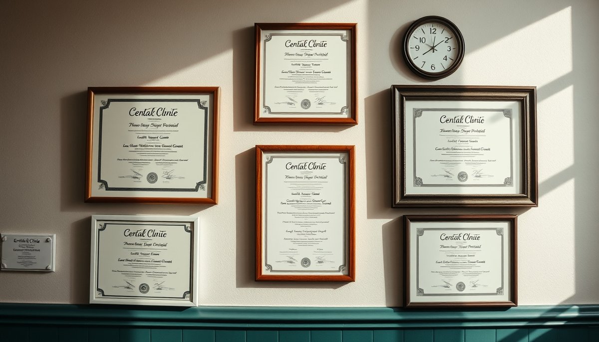 Certificados oficiales de clínica dental española en la pared