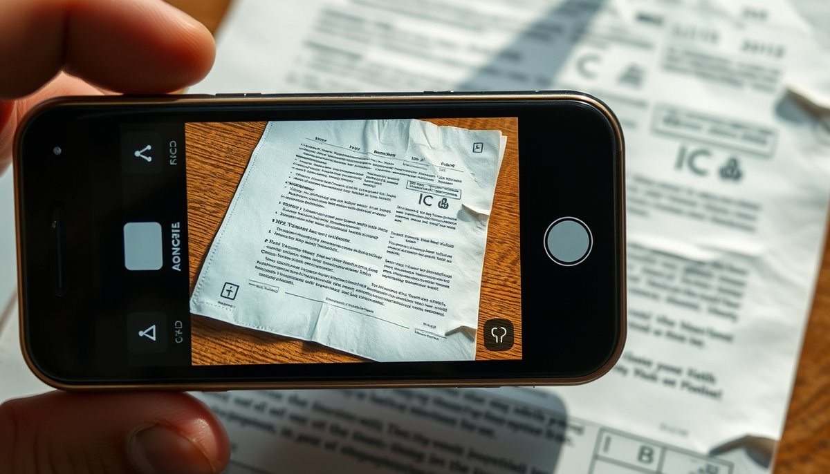 Tecnología de reconocimiento automático de facturas mediante inteligencia artificial capturando datos de documentos físicos Smartphone escaneando factura con IA reconociendo automáticamente datos y campos