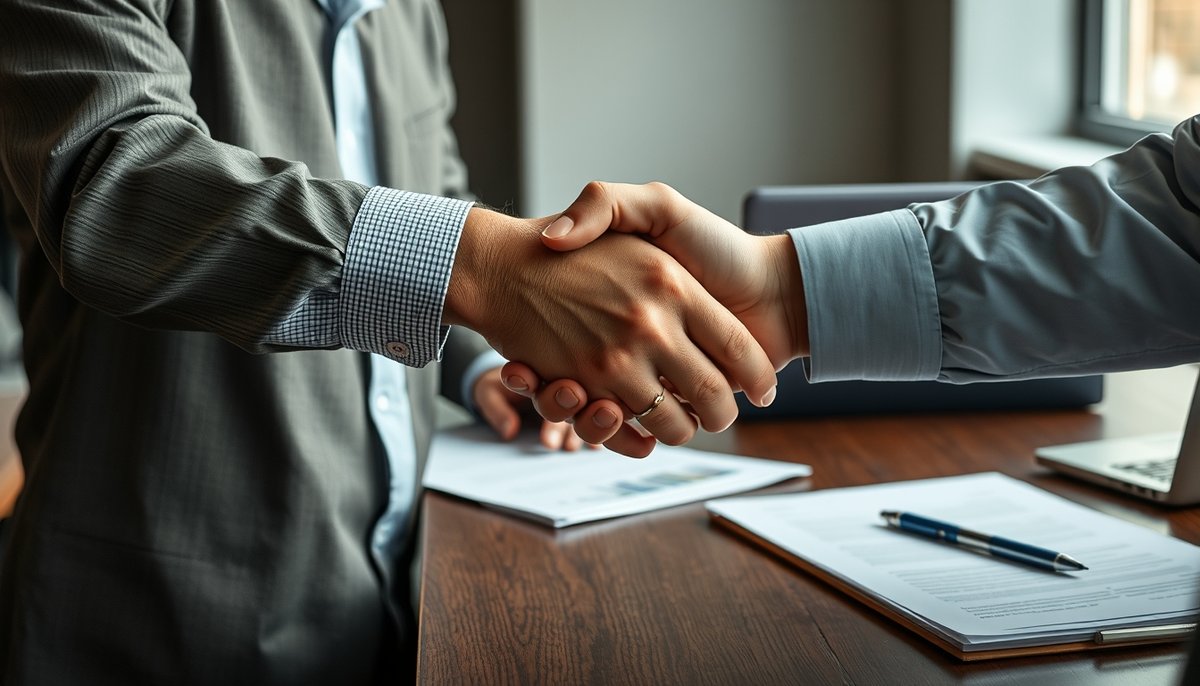 Apretón de manos sellando acuerdo de inversión entre emprendedor e inversor