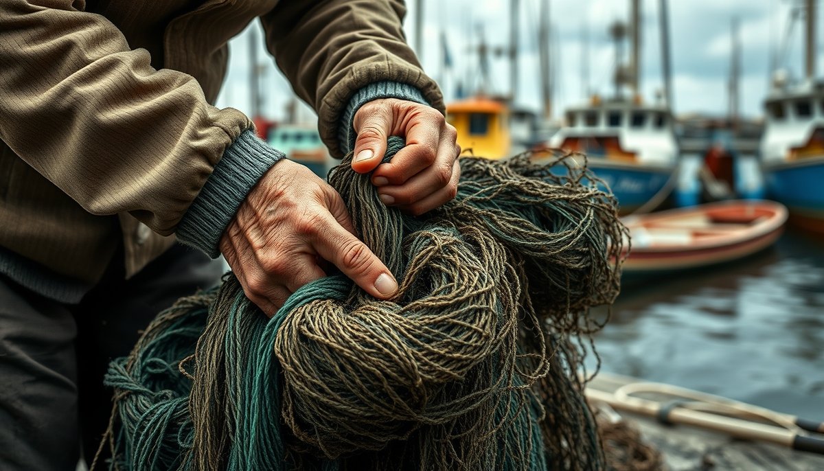 Manos expertas de pescador tabarquino reparando redes de pesca tradicionales en el pequeño puerto de la isla con barcos al fondo Pescador de Tabarca reparando redes tradicionales en el puerto mediterráneo
