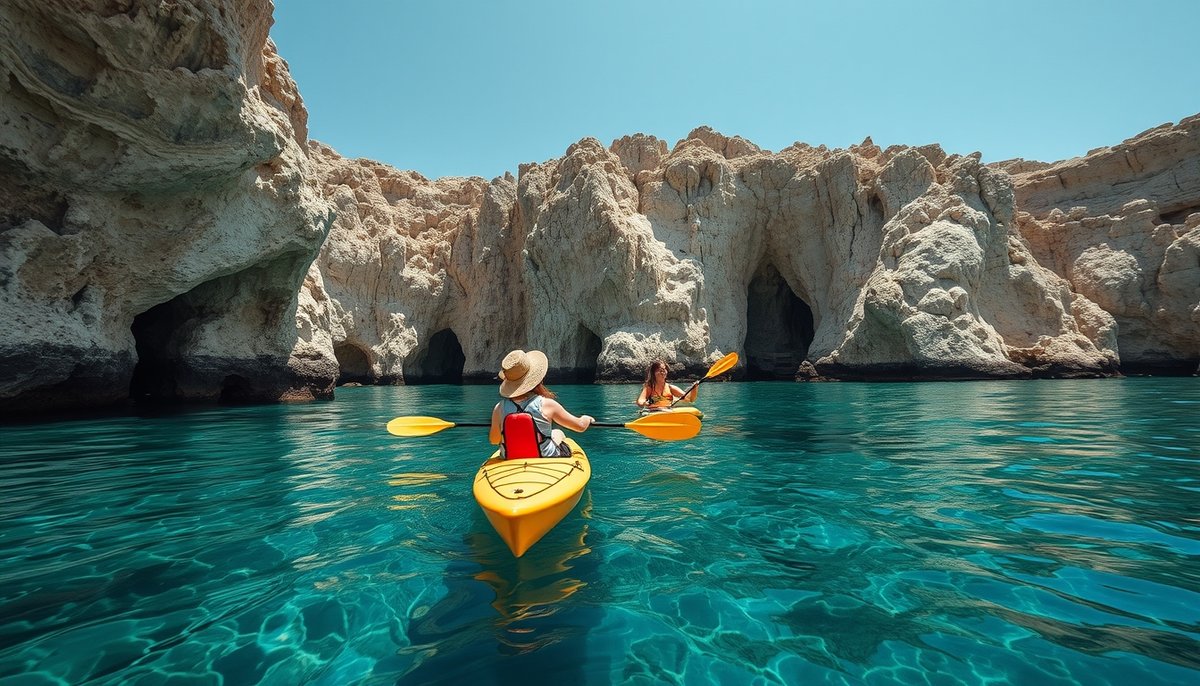 Kayak explorando acantilados y cuevas de Tabarca en aguas cristalinas transparentes