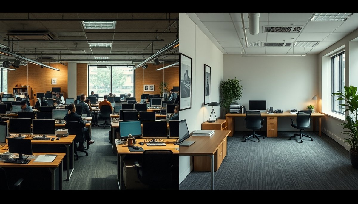 Comparación visual hosting compartido vs VPS con espacios de oficina diferentes