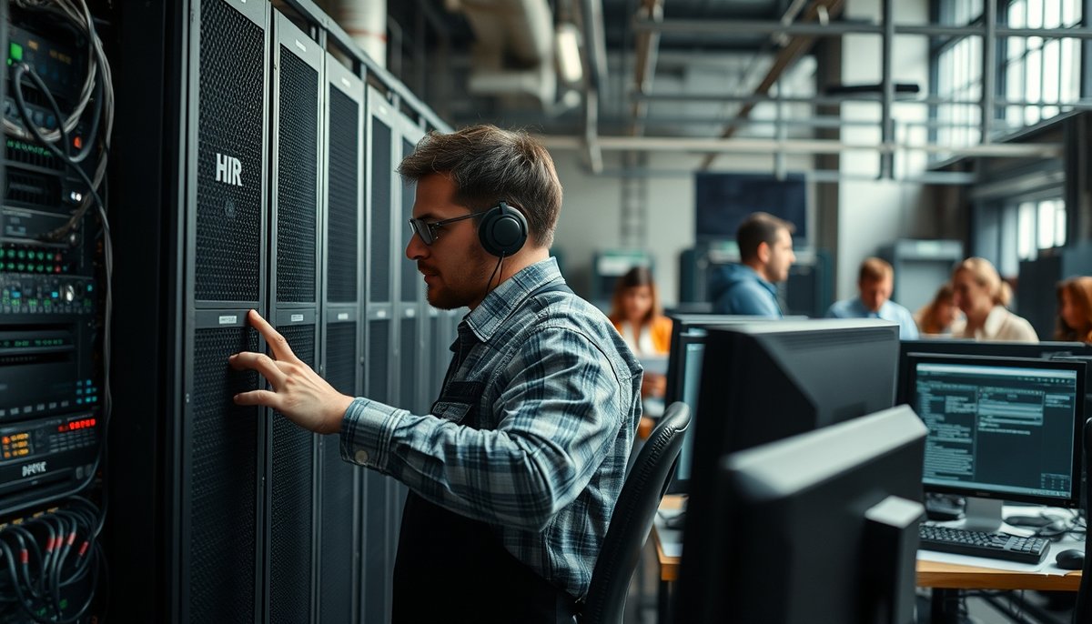 Técnico IT configurando servidores mientras RRHH discute integración de IA