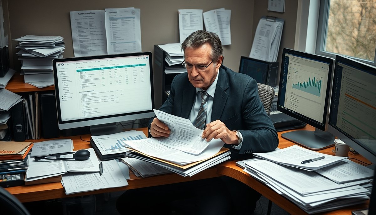 CFO externo gestionando múltiples tareas financieras con herramientas digitales modernas