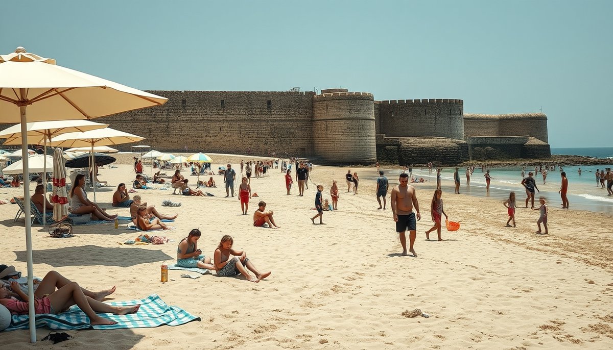 Playa Central de Tabarca con familias y jóvenes disfrutando actividades de verano
