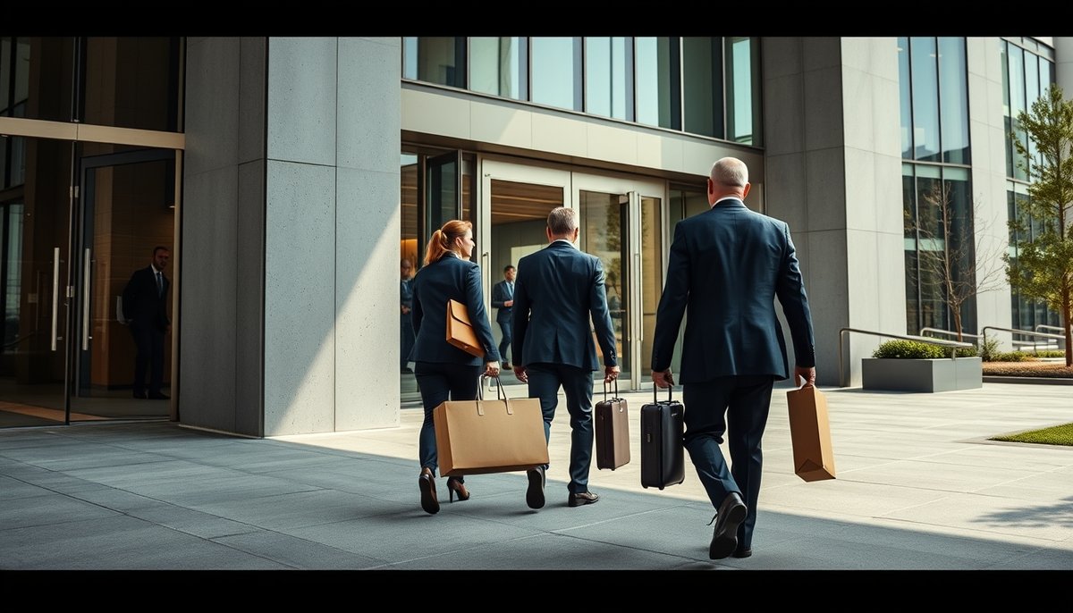 Directivos empresariales abandonando oficina corporativa con equipaje, simbolizando pérdida de confianza de inversores Ejecutivos corporativos saliendo de edificio de oficinas con maletines tras pérdida de confianza