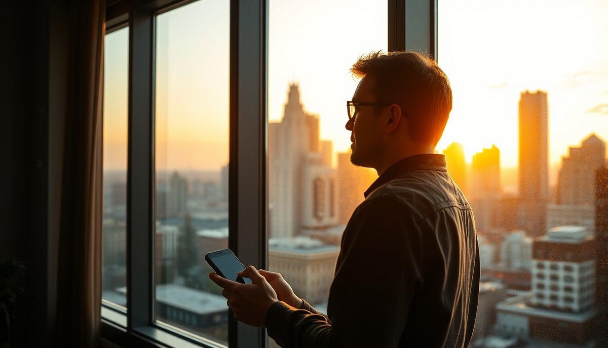 Timing estratégico para exit de startup: emprendedor evaluando condiciones de mercado y momento óptimo Fundador de startup analizando timing de mercado desde oficina con datos de mercado en móvil