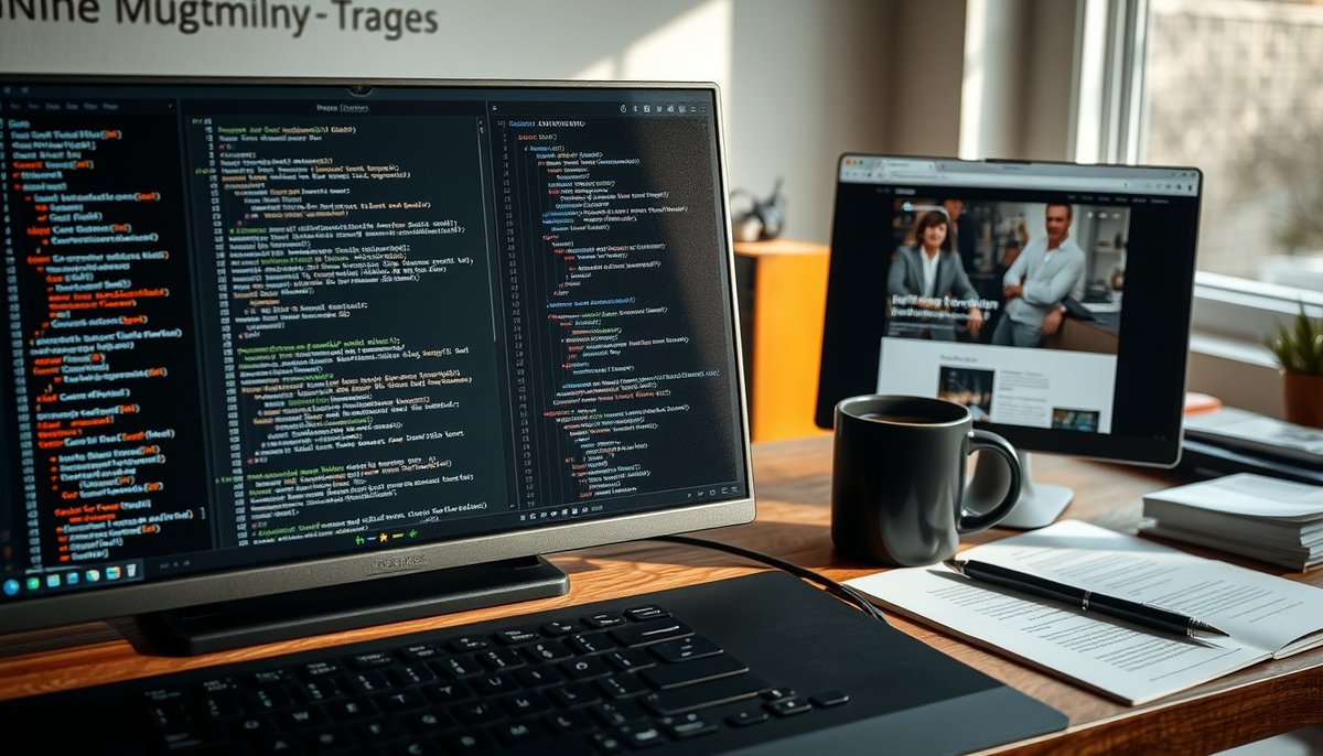 Implementación de código tracking de Google Analytics en HTML con vista dividida de editor y navegador web Código de seguimiento Google Analytics en editor HTML junto a sitio web