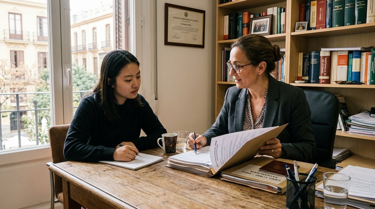 Consulta profesional de abogado especializado en extranjería revisando documentación de inmigración con cliente en oficina de Madrid Abogado de extranjería en Madrid asesorando a cliente internacional en despacho moderno