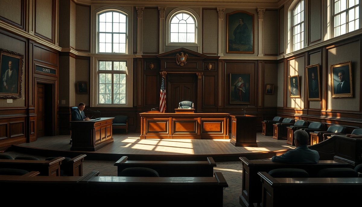 Interior auténtico de tribunal penal en Madrid mostrando el entorno profesional donde se desarrollan los casos criminales Sala tribunal penal Madrid durante juicio con juez y estrados abogados