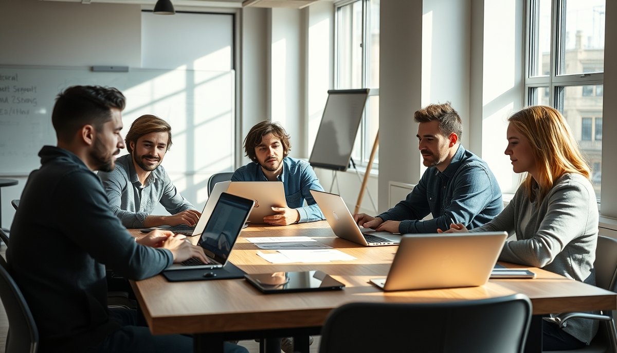Emprendedores jóvenes trabajando colaborativamente en estrategias de valoración de startups