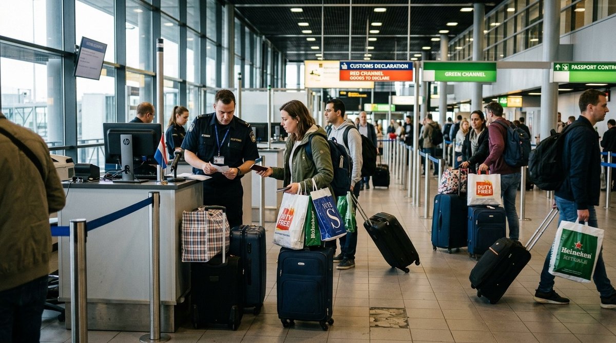 Área de control de aduanas en España: procedimientos de declaración y restricciones de equipaje para turistas Control de aduanas en aeropuerto español con viajeros y equipaje en zona de declaración