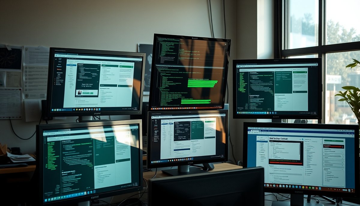Interfaces de software financiero y plantillas Excel en múltiples pantallas para planificación empresarial