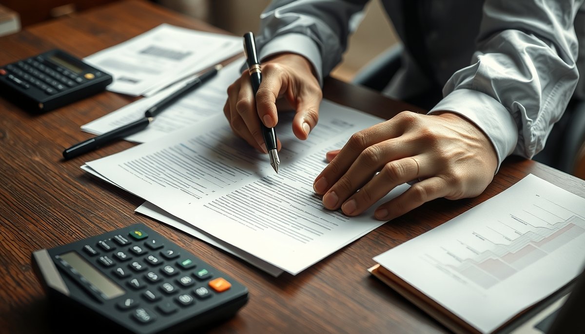 Análisis detallado de documentos financieros en single family office con pluma estilográfica